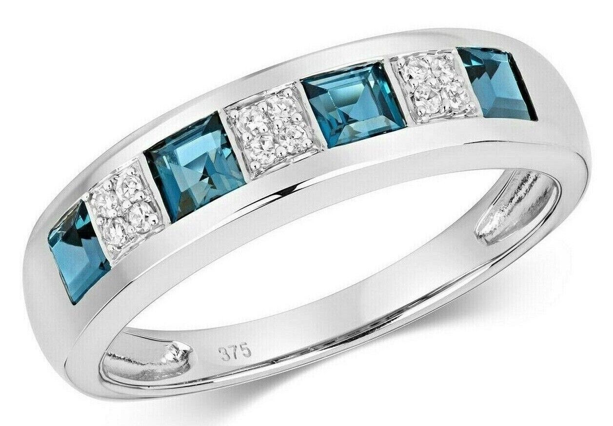 Real London Blue Topaz and Diamond Eternity Ring Solid White Gold Square Cut Gem