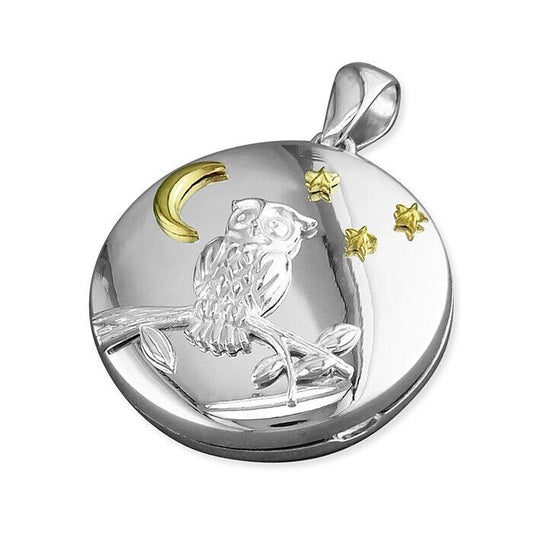 Two-Tone Owl-on-Branch Moon & Stars Locket Sterling Silver With 18ct Gold Detail