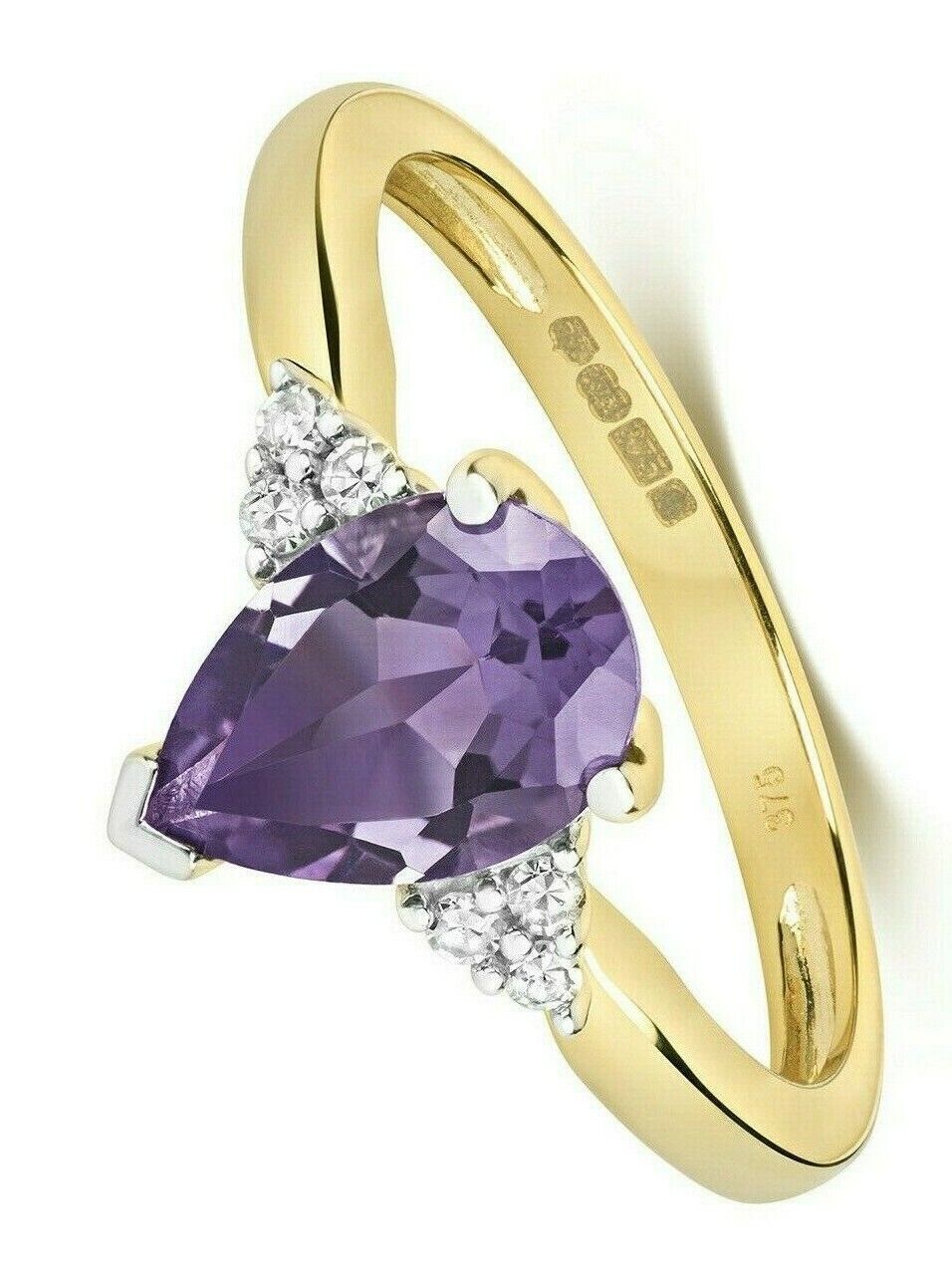 Real Amethyst and Diamond Pear Ring Solitaire Solid Yellow Gold Size J - Q