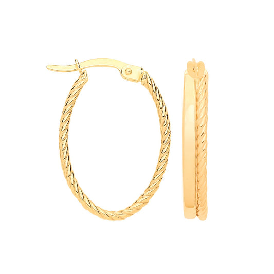 Yellow Gold Oval Hoop Earrings Double Plain and Twisted Hoops Hallmarked