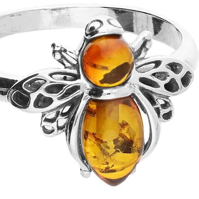 Cognac Amber Bumble Bee Ring Solid Sterling Silver 925 Brand New