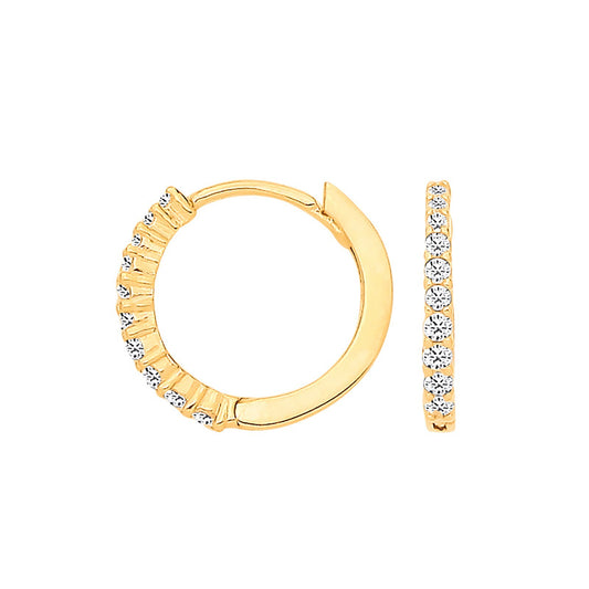 Yellow Gold Small Huggie Hoop Earrings Claw Set Zircon Hinged Hoops Hallmarked