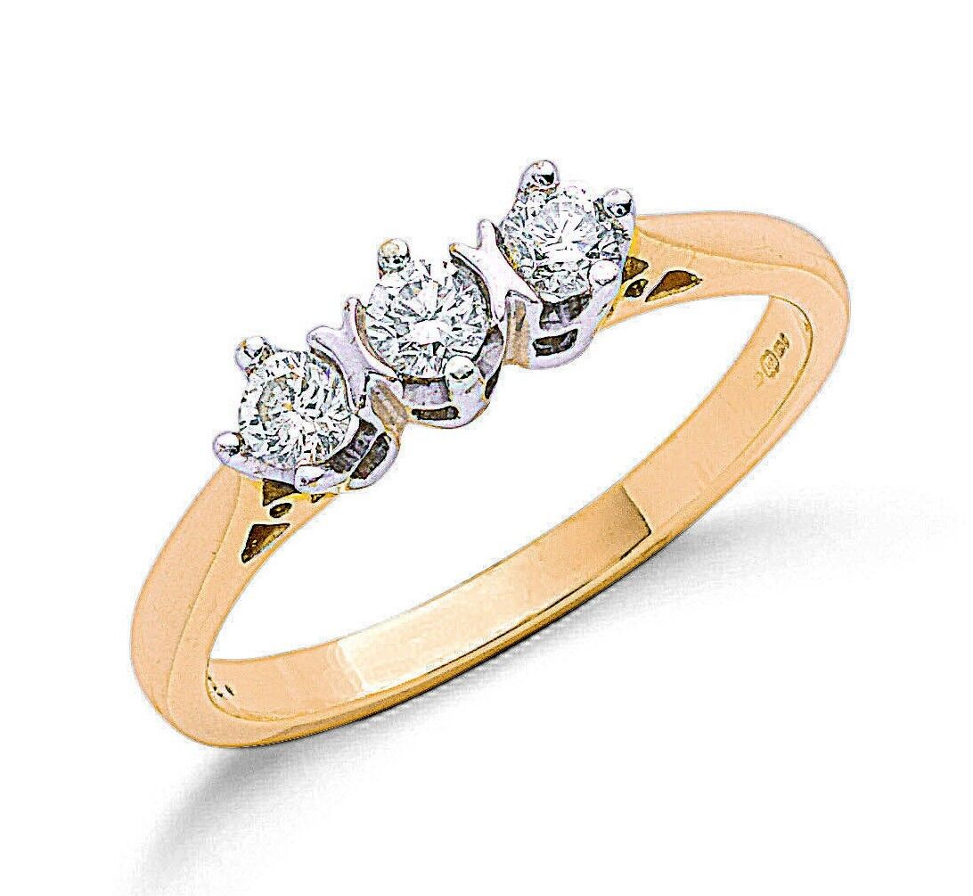 Real Diamond Trilogy Ring 9ct Yellow Gold 0.33ct Diamonds Three Stone Engagement