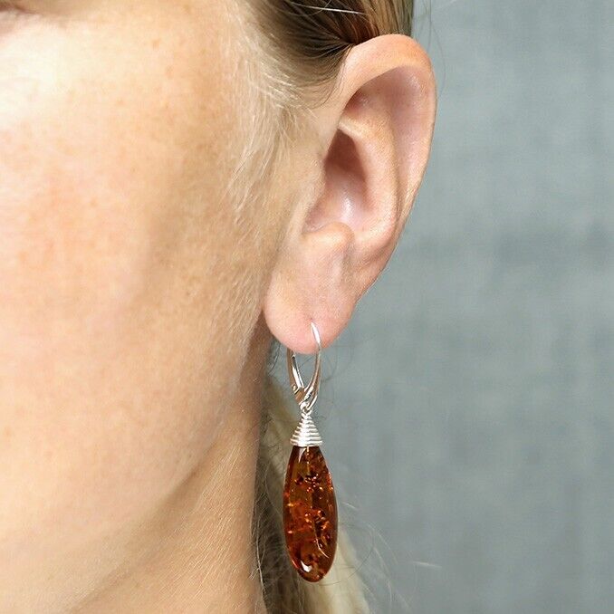 Cognac Amber Lozenge Drop Earrings With a Cone Top Solid Sterling Silver 925