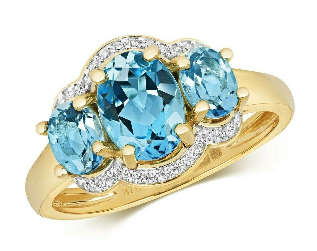 Real Blue Topaz and Diamond Ring Solid Yellow  Gold Three Stone Size JKLMNOPQ