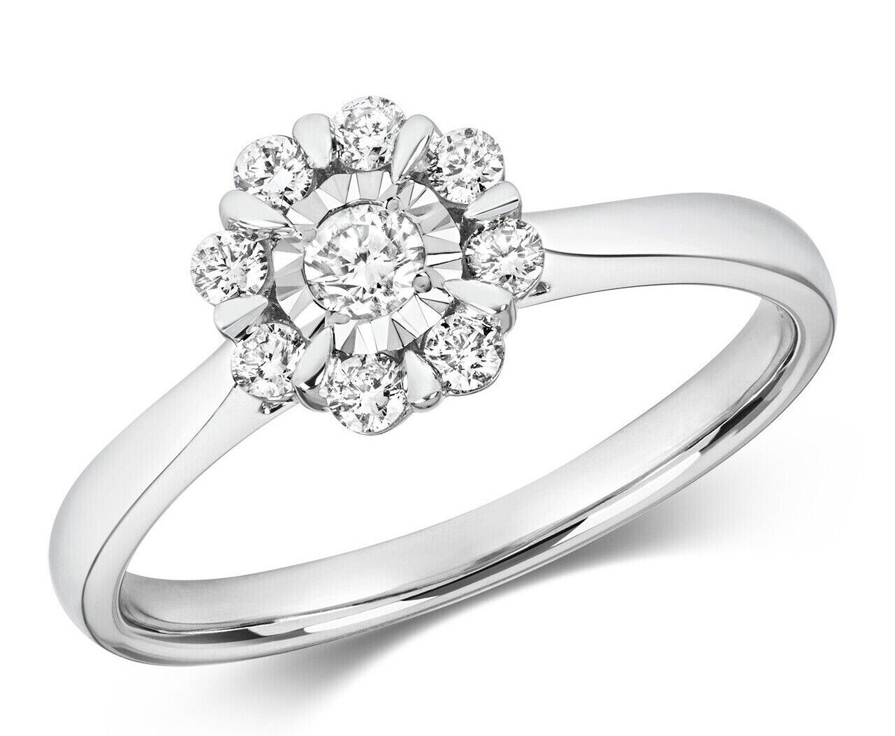 Real Diamond Ring Flower Cluster 9ct White Gold Engagement 0.32ctw Size J - Q