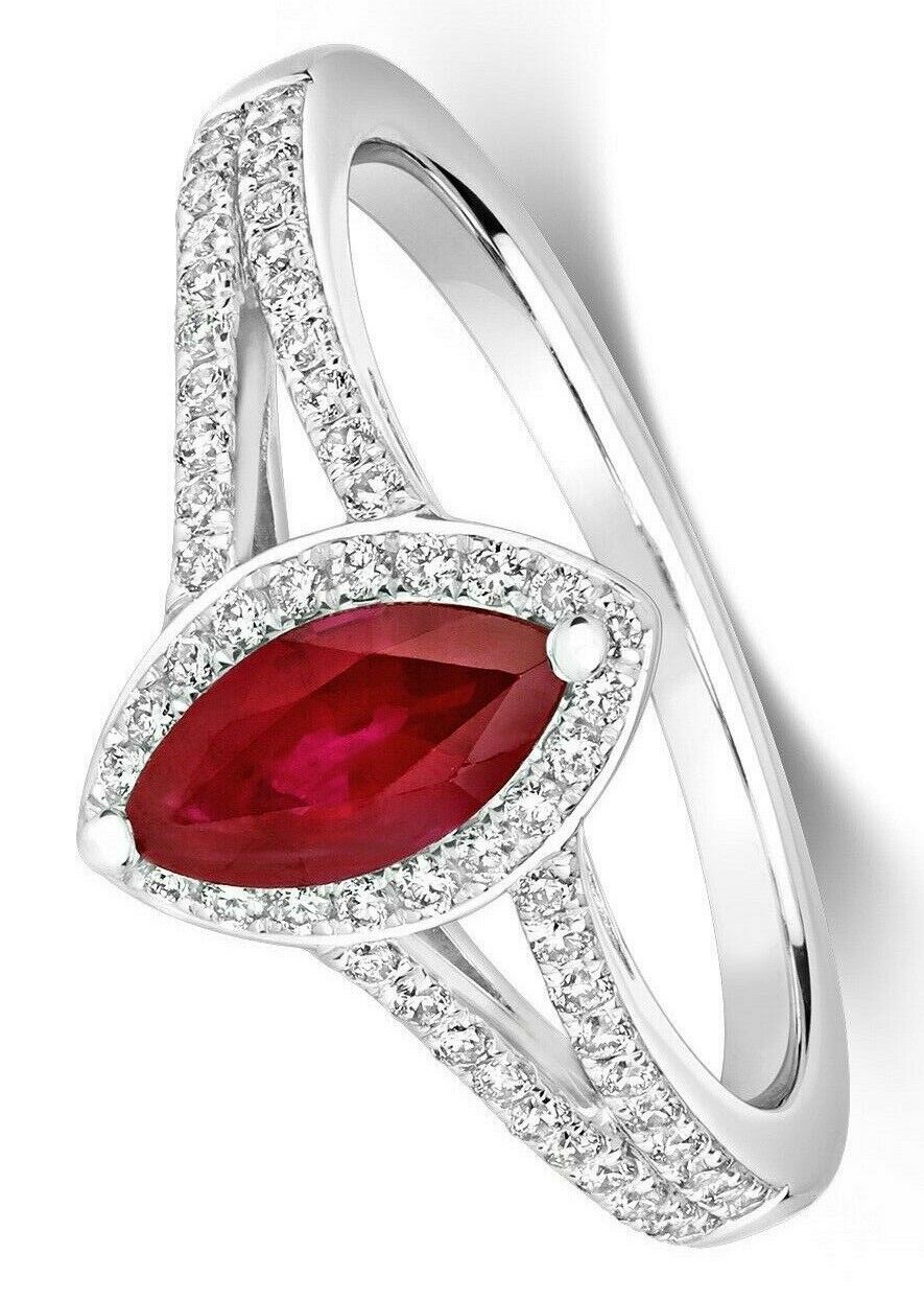 Real Ruby Marquise and Diamond Ring 18ct White Gold Cluster Engagement Halo