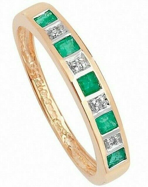 Real Emerald and Diamond Eternity Ring Solid Yellow Gold 3mm Band Size J-Q