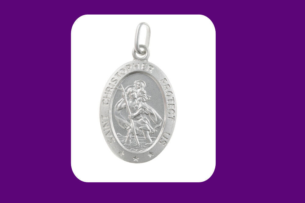 Oval St Christopher Pendant Silver Protect Us 925 Hallmark 14 - 24" Length Chain