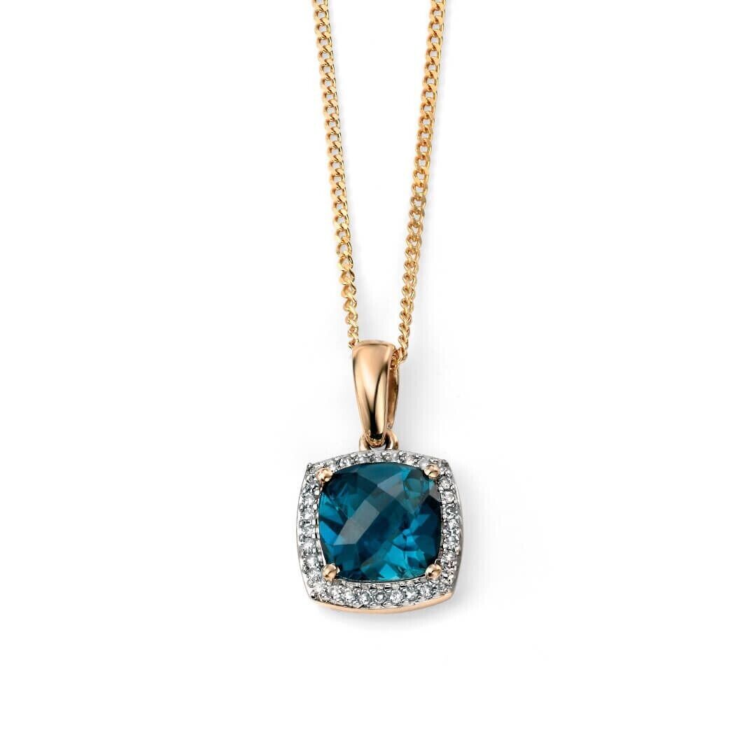 London Blue Topaz and Diamond Set Yellow Gold Pendant Earrings 16 18 20" Chain