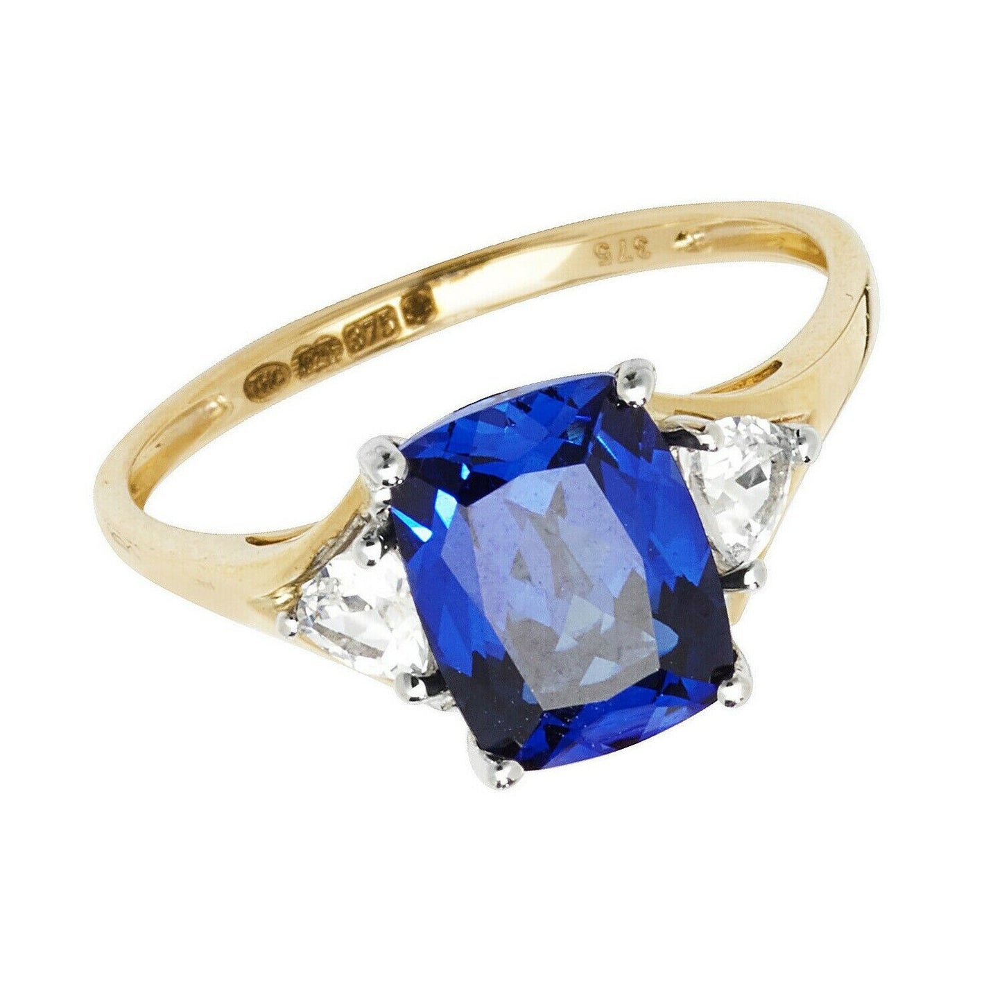 Yellow Gold Sapphire Ring Solitaire Cushion White Sapphire Trillion Hallmarked
