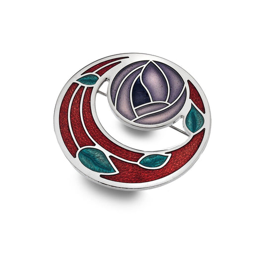 Red Mackintosh Rose and Coils Brooch Silver Plated Brand New Gift Packaging