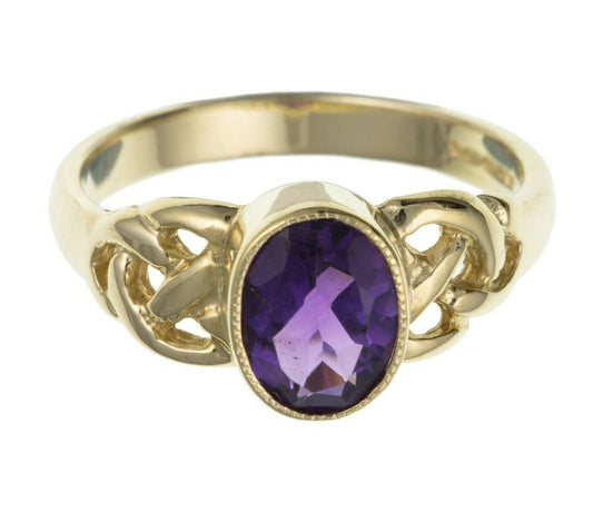 9ct Yellow Gold Real Amethyst Celtic Ring Solitaire Fully Hallmarked