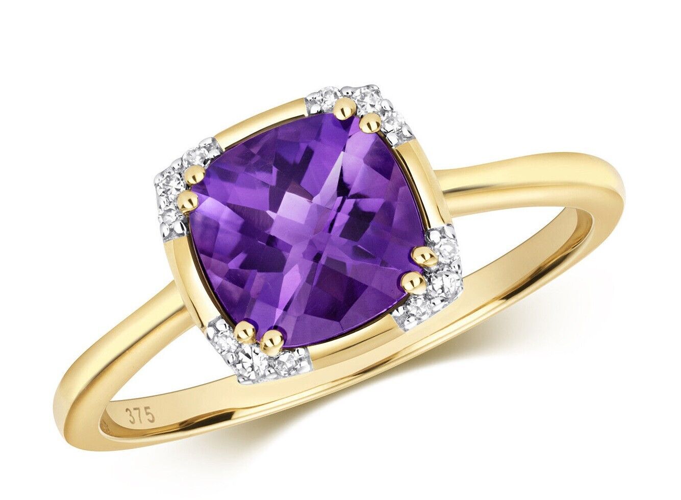 Real Amethyst and Diamond Ring Solid Yellow Gold 7mm Cushion Solitaire Size J-Q