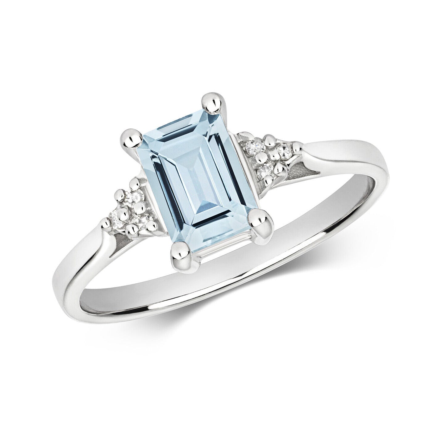 Real Aquamarine and Diamond Ring Solid White Gold Emerald Cut Solitaire Size J-Q
