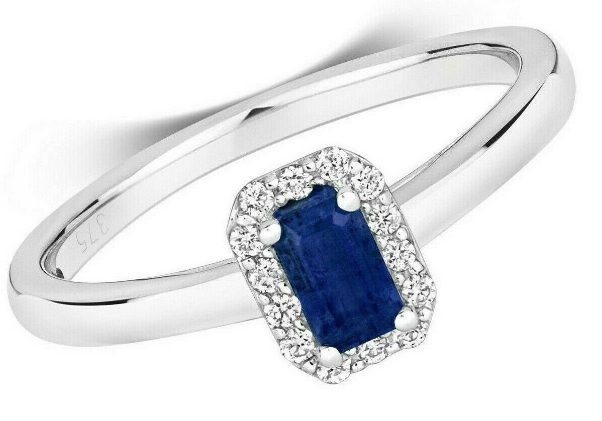 Real Sapphire and Diamond Ring 9ct White Gold Octagon Cut Cluster Size J - Q