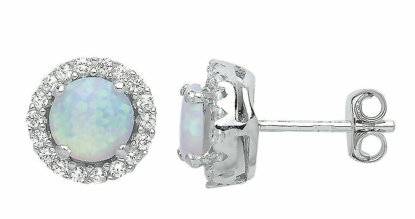 Opal Halo Stud Earrings Solid Sterling Silver Rhodium Plated 925 Hallmark