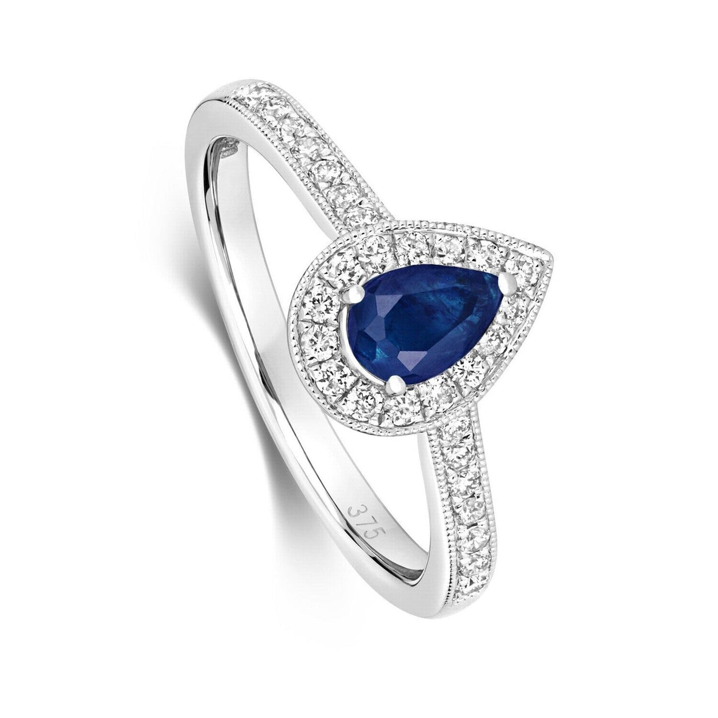 Real Sapphire and Diamond Ring 9ct White Gold Pear Teardrop Cluster Size J - Q