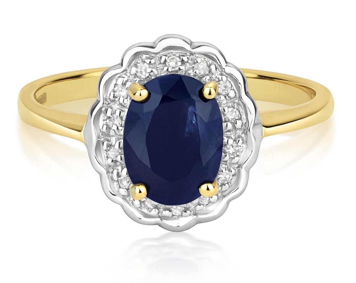 9ct Yellow Gold Sapphire and Diamond Ring Oval Cluster Size JKLMNOPQ