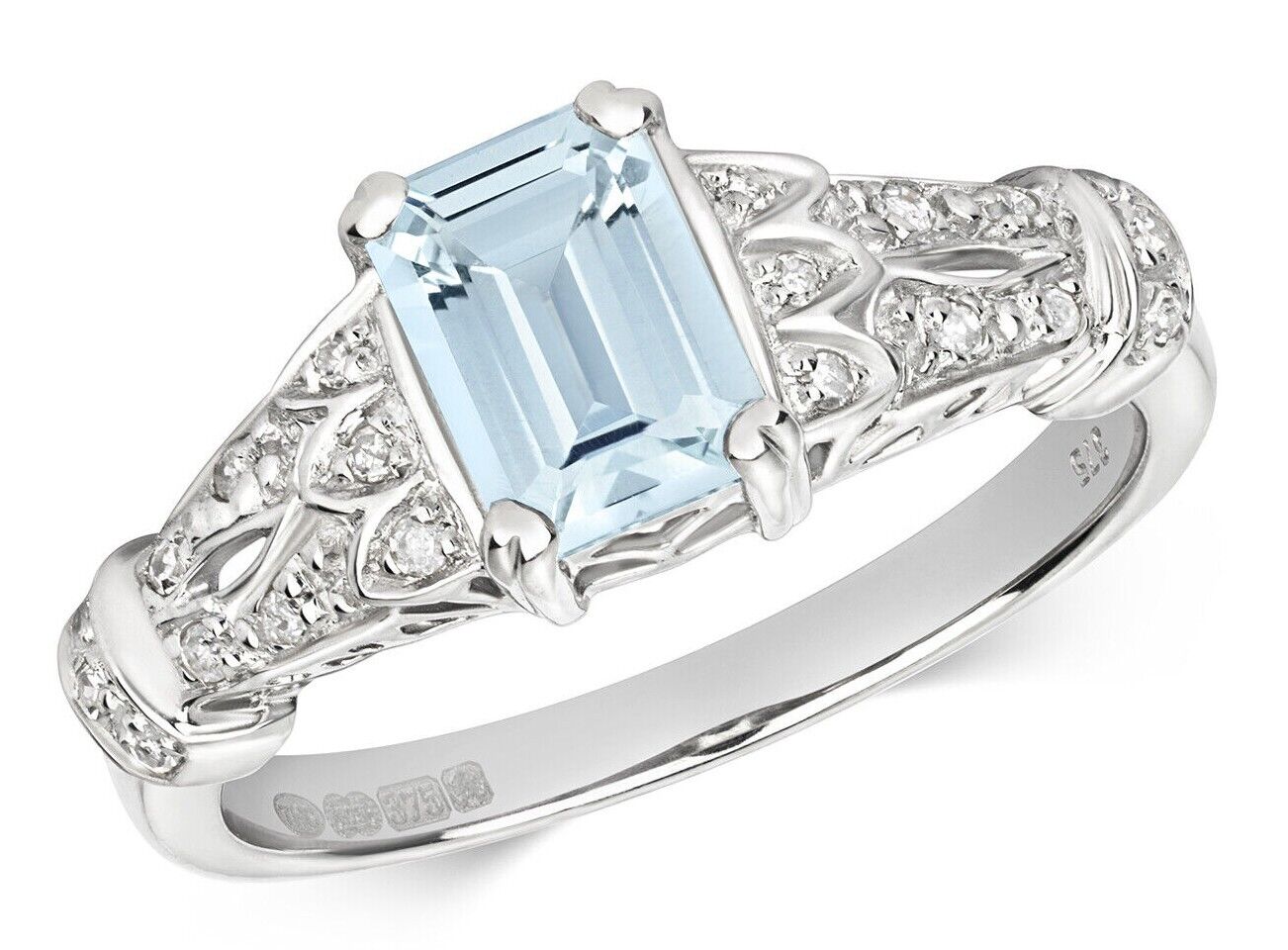 Real Aquamarine and Diamond Ring Solid White Gold Solitaire Size JKLMNOPQ