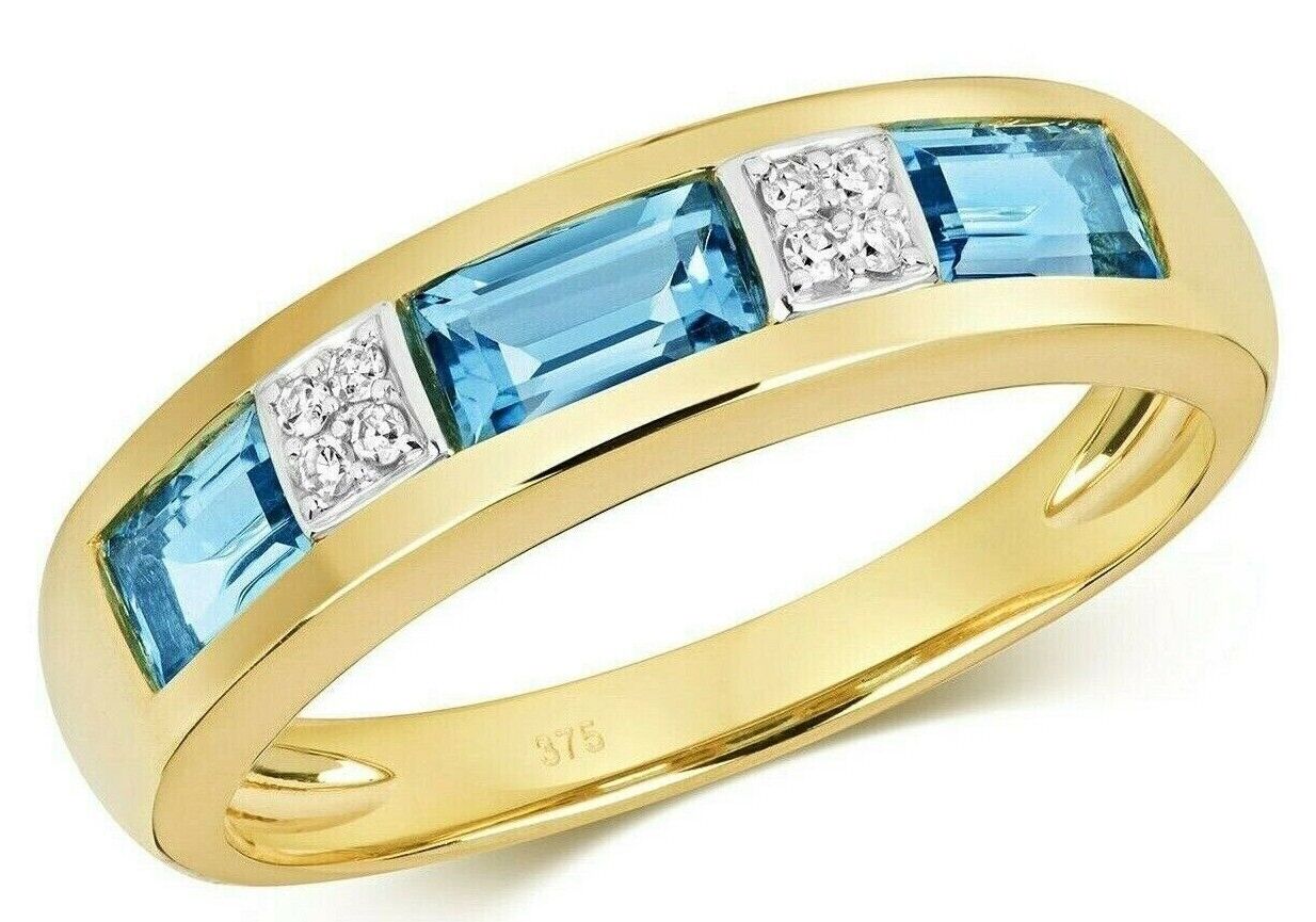 Real Blue Topaz and Diamond Eternity Ring Solid Yellow Gold Emerald Cut Band