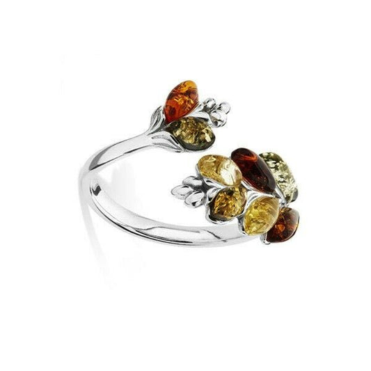 Sterling Silver Amber Ring Multi Colour Leaf Wrap 925 Hallmark Size J-R British