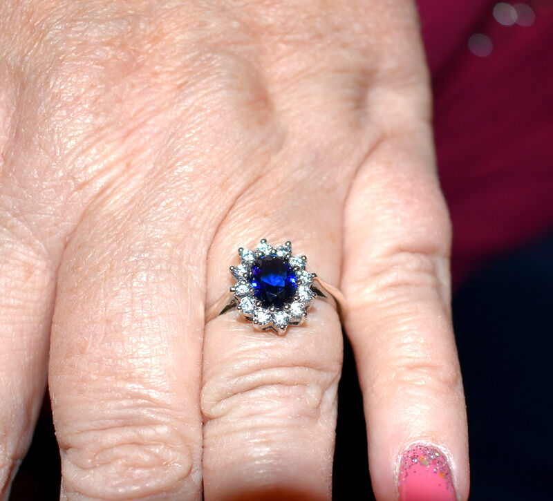 Sapphire Oval Cluster Ring Solid Sterling Silver Platinum Finish 925 Hallmark