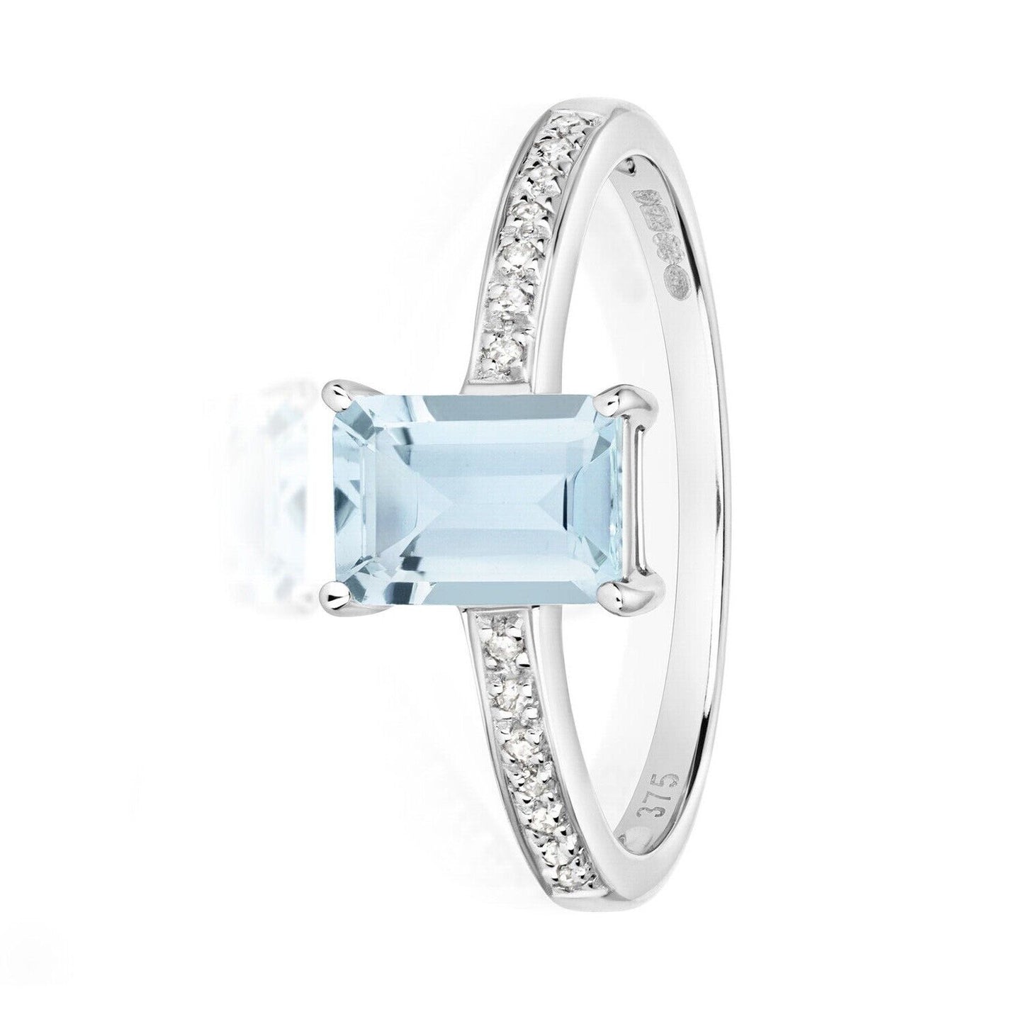 Real Aquamarine and Diamond Ring Solid White Gold Emerald Cut Solitaire Size J-Q