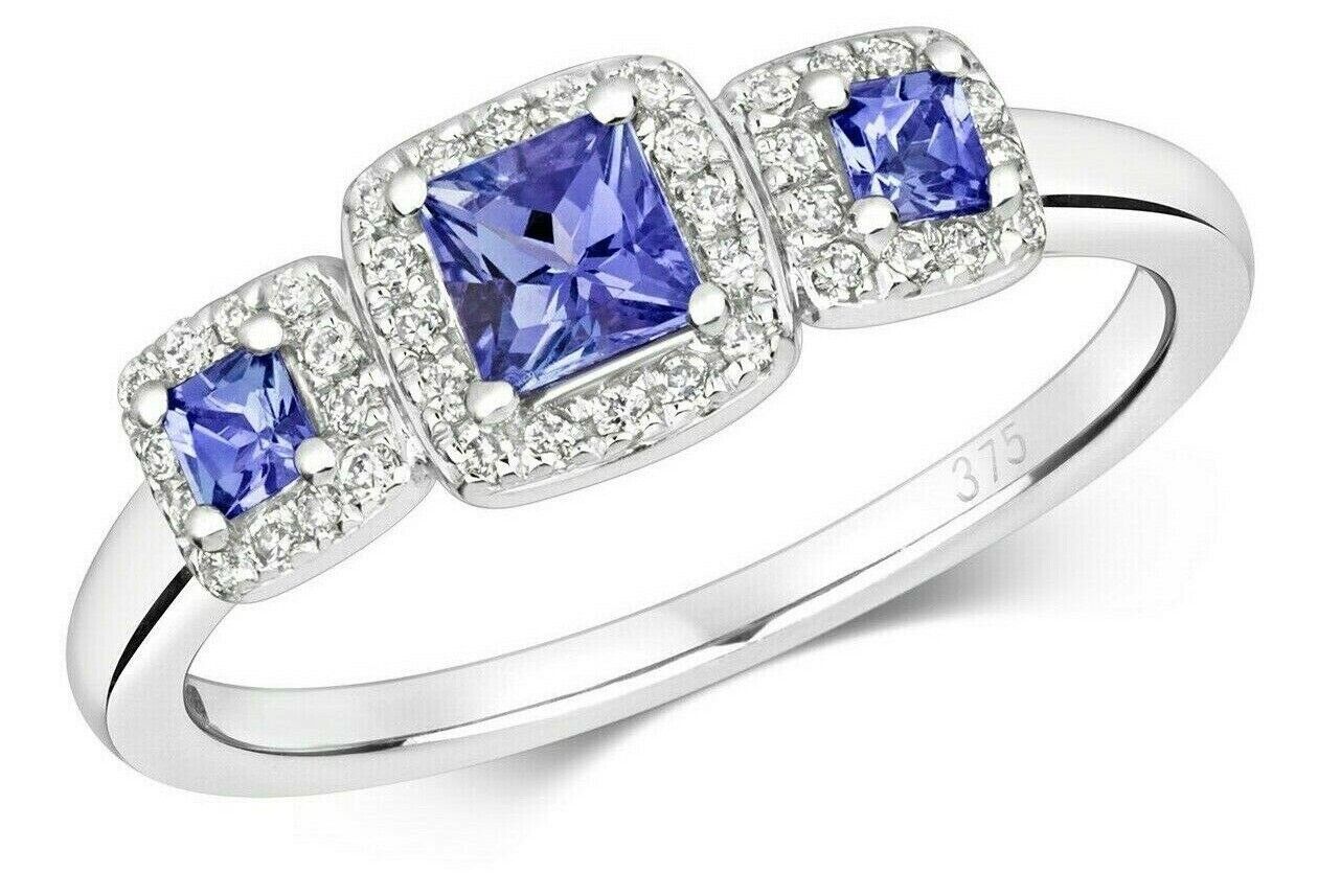Real Tanzanite and Diamond Ring 9ct White  Gold Three Stone Cluster Size J - Q