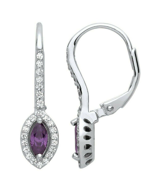 Amethyst Marquise Hoop Drop Earrings Sterling Silver Rhodium Plate 925 Hallmark