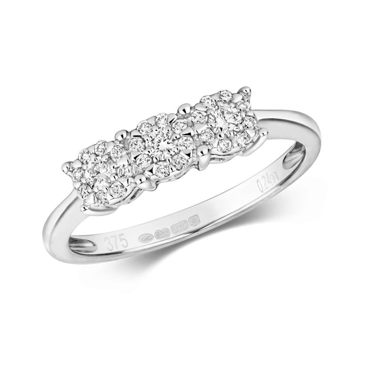 Real Diamond Ring Three Stone Cluster 9ct White Gold Trilogy 0.24ctw Size J-Q