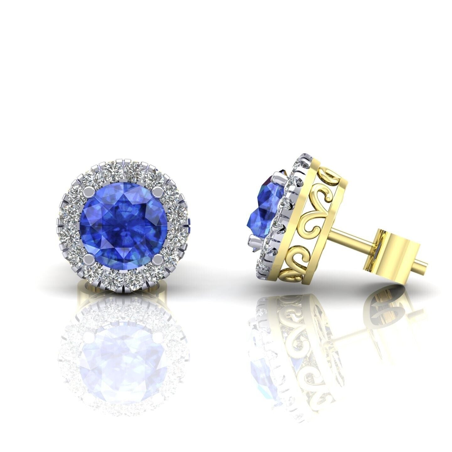 9ct Yellow Gold Sapphire Cluster Stud Earrings 8mm Round Studs Hallmarked