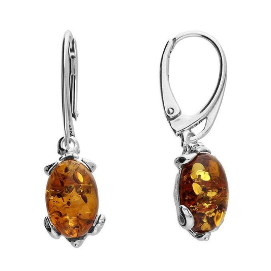 Cognac Amber Hedgehog Earrings Hinged Leverback Drops Solid Sterling Silver 925