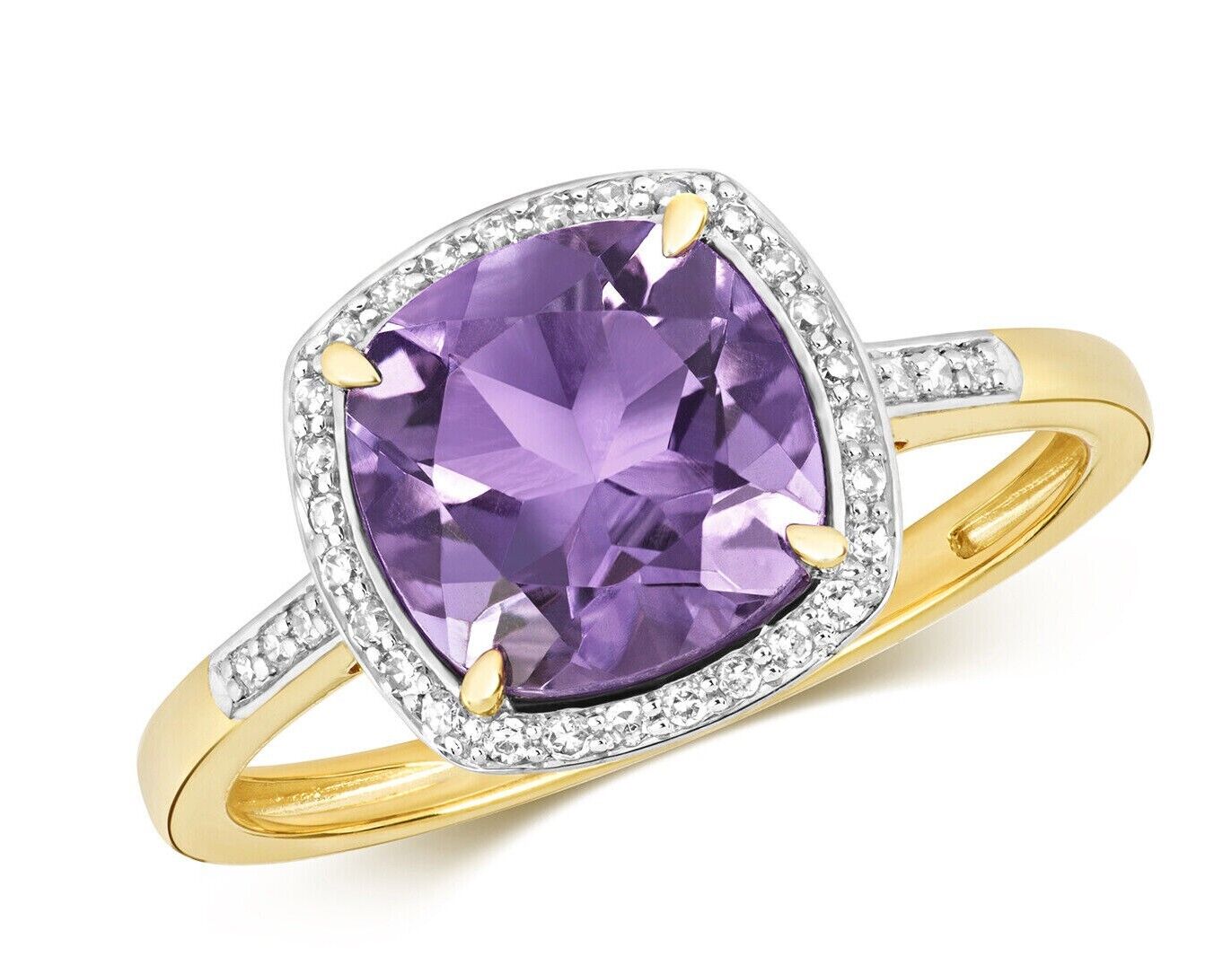 Real Amethyst and Diamond Ring Solid Yellow Gold 8mm Cushion Size J - Q