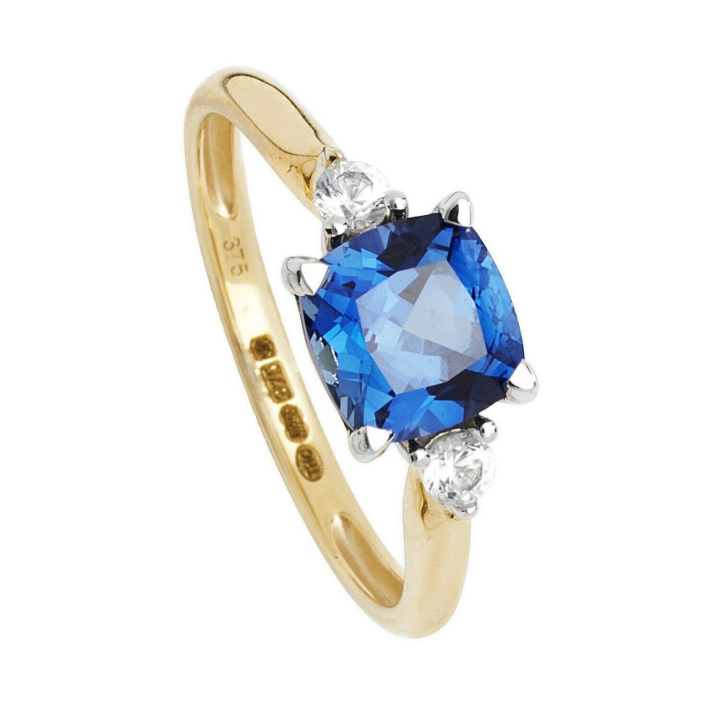 Yellow Gold Sapphire Solitaire Ring Cushion White Sapphire Engagement Hallmarked