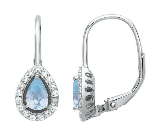 Aquamarine Pear Hoop Drop Earrings Sterling Silver Rhodium Plate 925 Hallmark