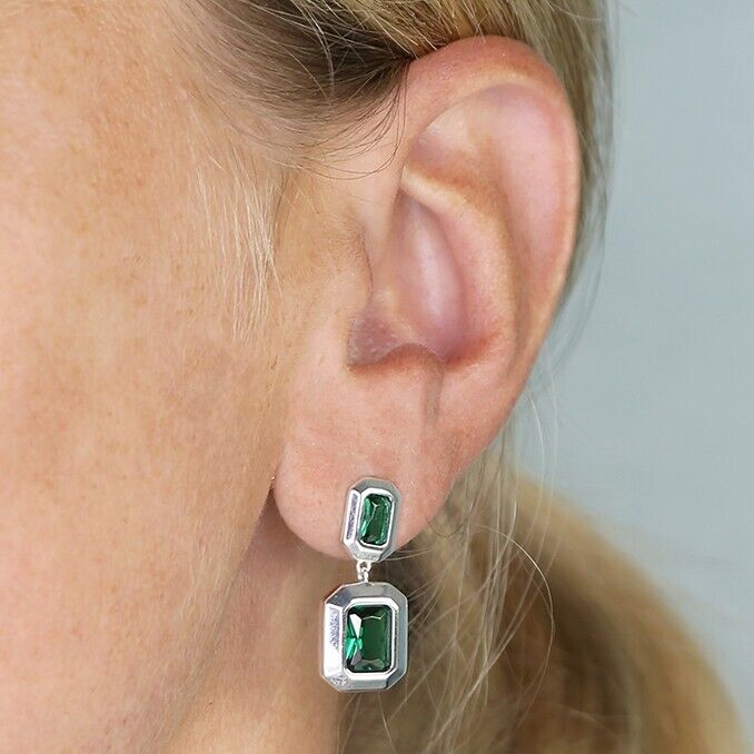 Green CZ Drop Earrings .925 Sterling Silver Drop Earrings