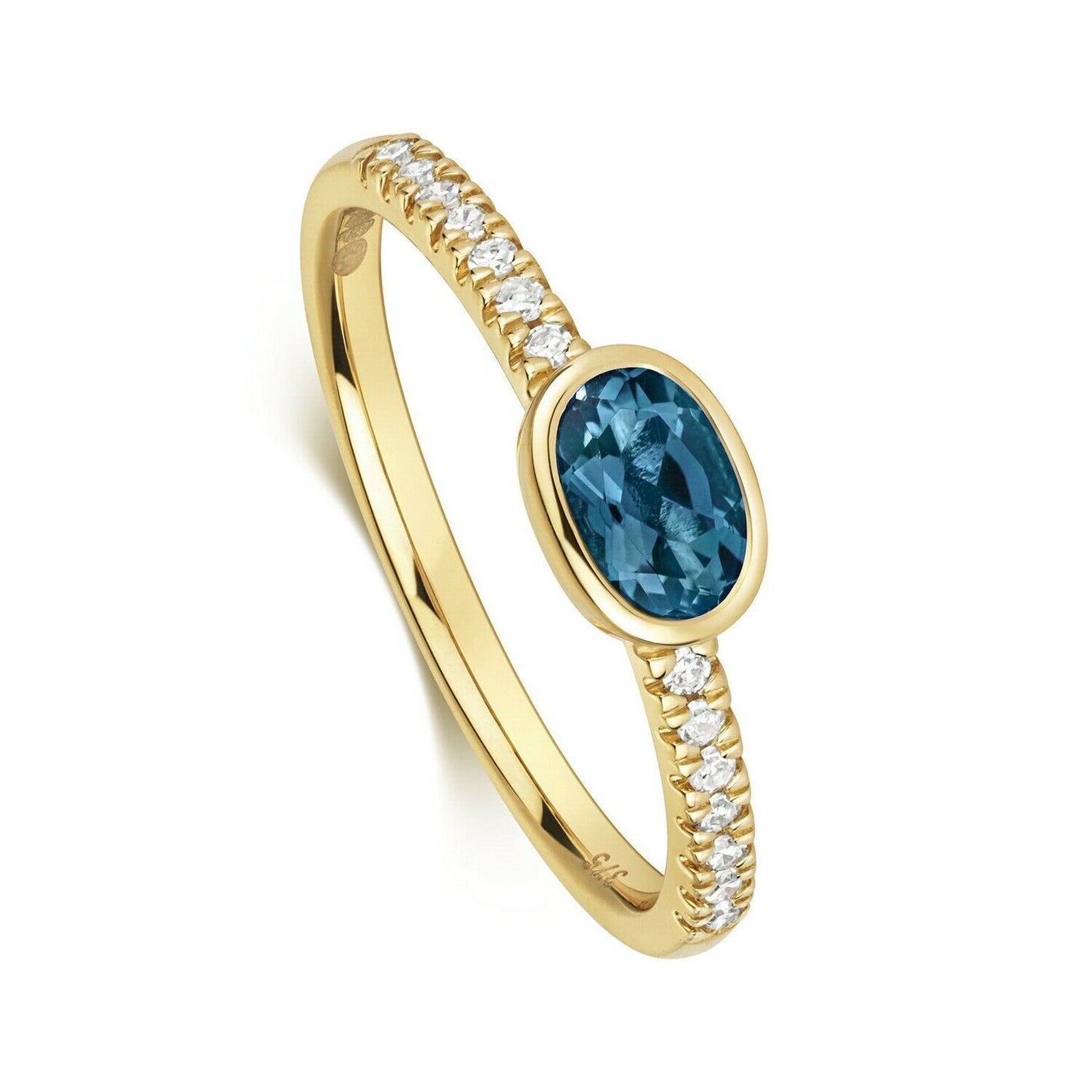 Real London Blue Topaz and Diamond Ring Solid Yellow Gold Oval Stone Size J-Q