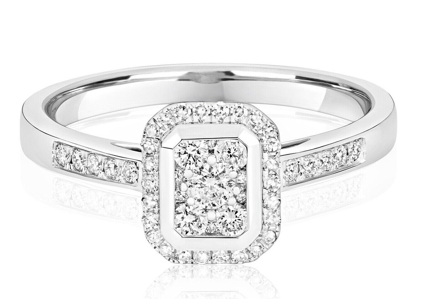 Real Diamond Ring 9ct White Gold Rectangular Halo Cluster Engagement 0.33ctw