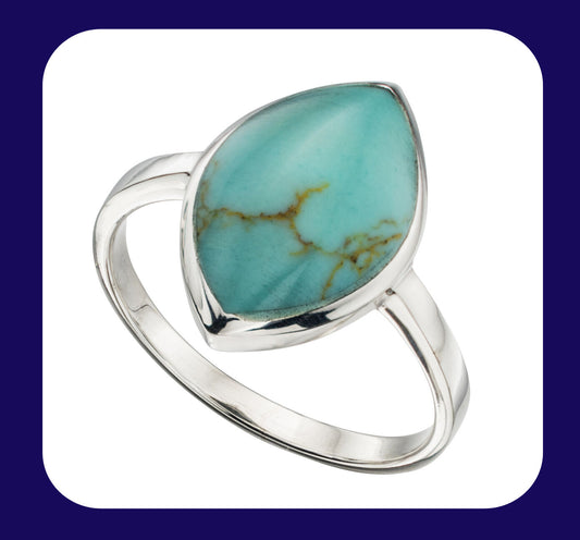Solid Silver Turquoise Ring Marquise Solitaire Cocktail Statement 925 hallmark