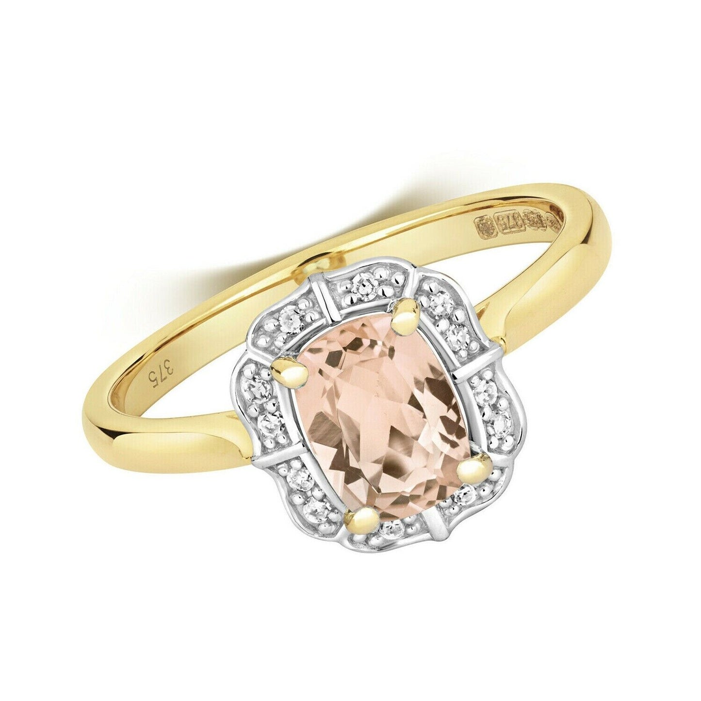 Real Morganite and Diamond Ring Solid Yellow Gold Cushion Cluster Size J - Q