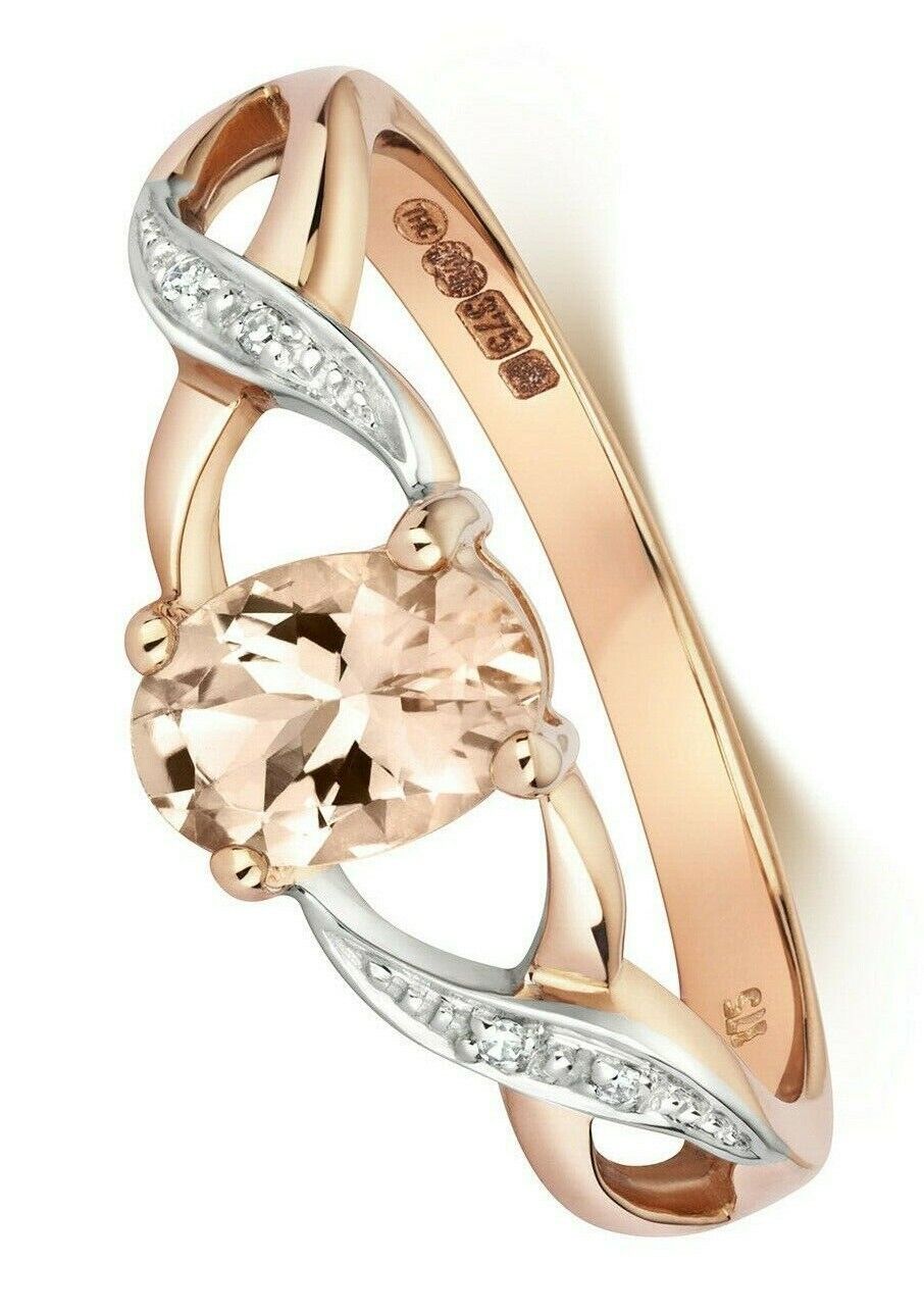 Real Morganite and Diamond Ring Solid Rose Gold Twist Shoulders Size J - Q