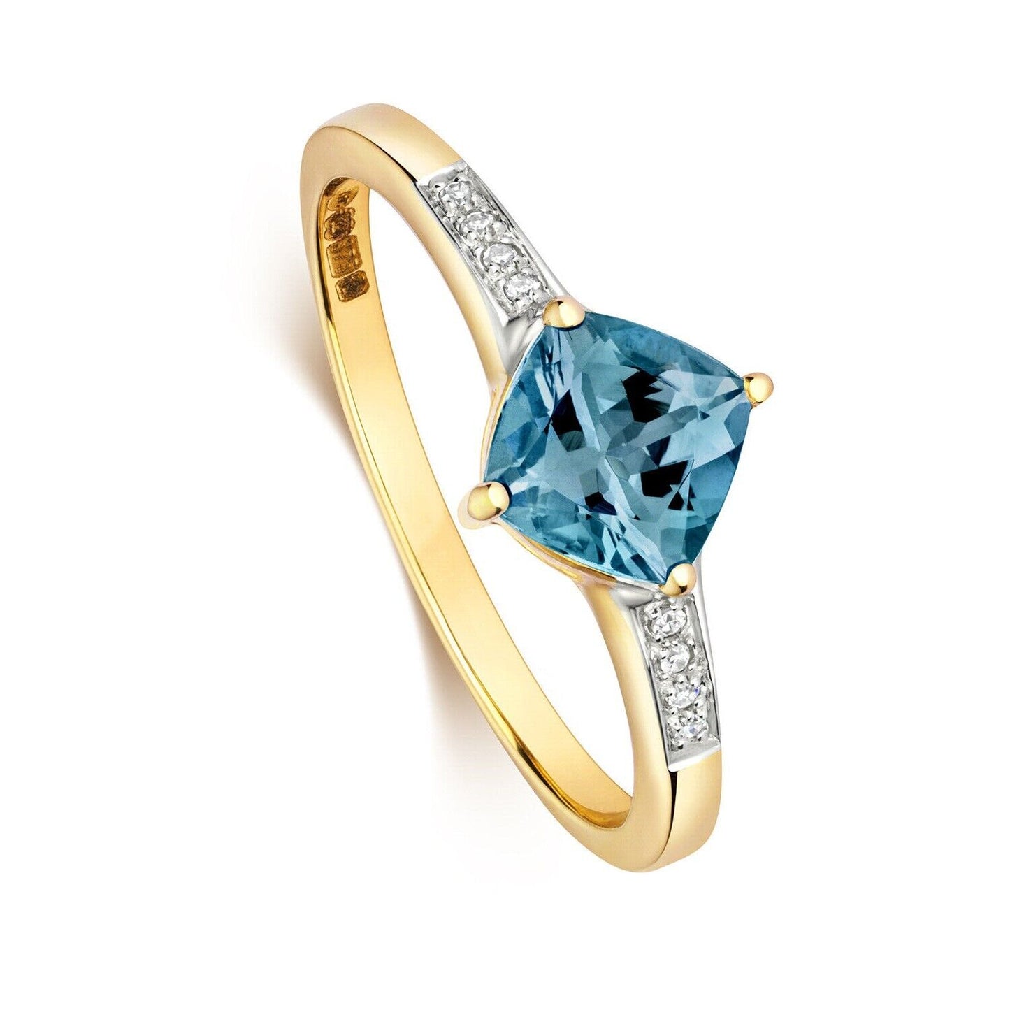Real London Blue Topaz and Diamond Ring Solid Yellow Gold Cushion Size J-Q