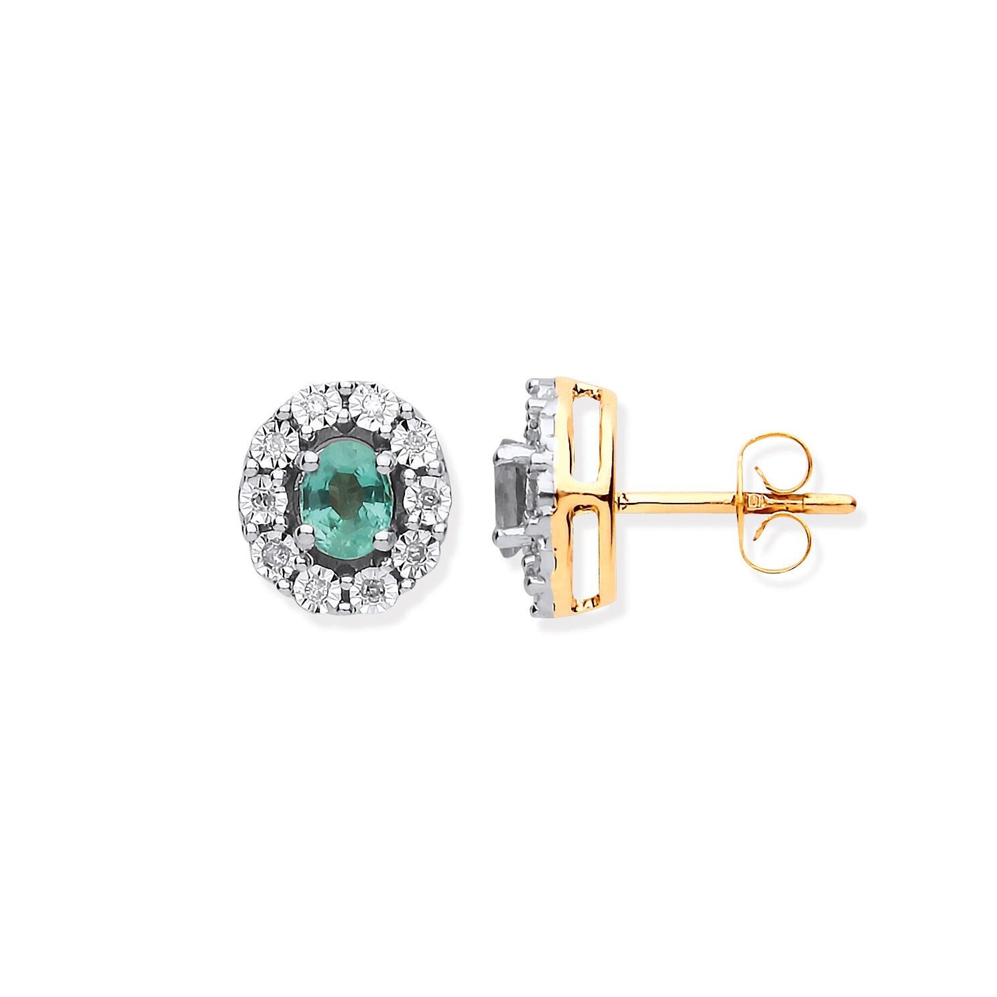9ct Yellow Gold Emerald and Diamond Oval Stud Earrings Hallmarked