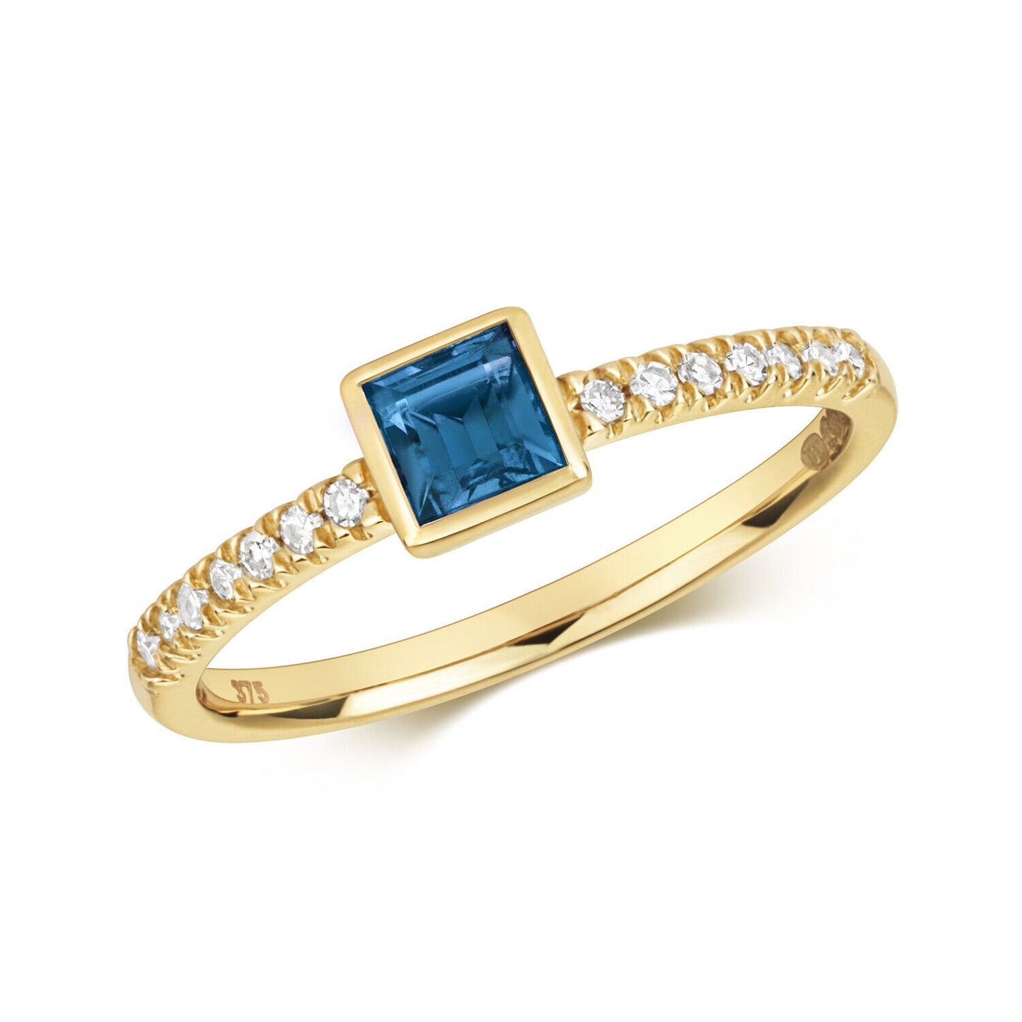 Real London Blue Topaz and Diamond Ring Solid Yellow Gold Square Solitaire
