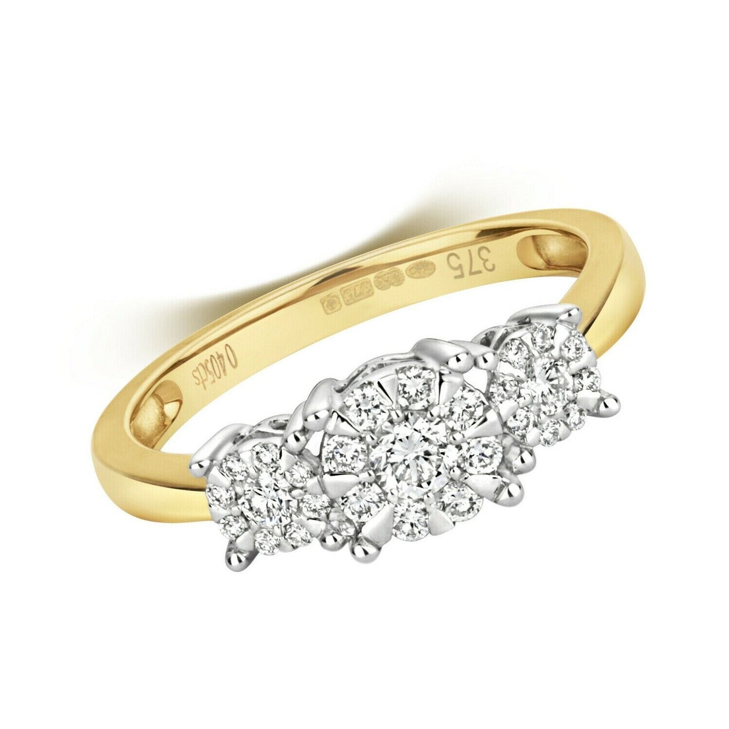 Real Diamond Three Cluster Ring 9ct Yellow Gold 0.41 carat of Diamonds