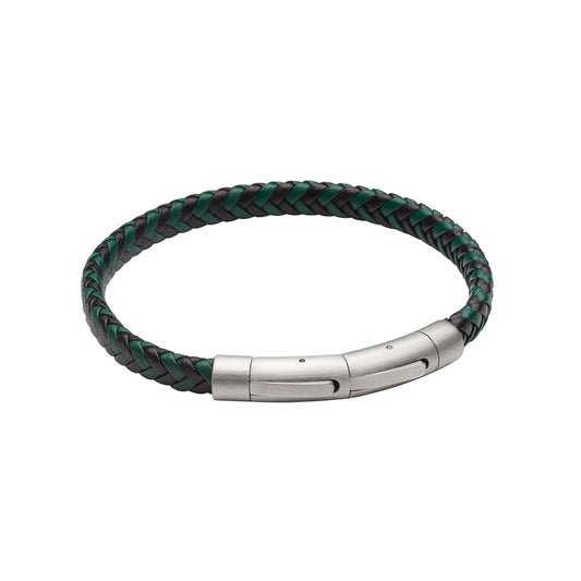Fred Bennett Black and Forest Green Plaited Leather Bracelet 22.5cm B5375