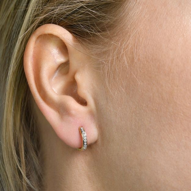 9ct Yellow Gold 0.10ct Diamond Huggie Hoop Earrings - 13mm