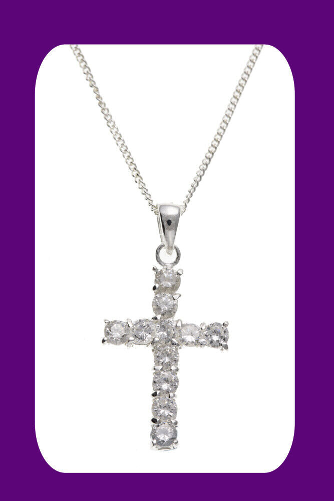 Sparkly Silver Cross Pendant Sterling Silver 925 Stamp 16-18" 22 x 14mm