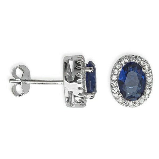Sapphire Oval Stud Earrings Sterling Silver Rhodium British Made Hallmark 925